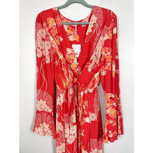 Free People Mixed Print Twist Dress in Red Combo Medium Midi Floral Chic NWT - Picture 3 of 13